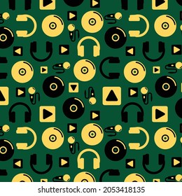 Vector music icons pattern on dark green background