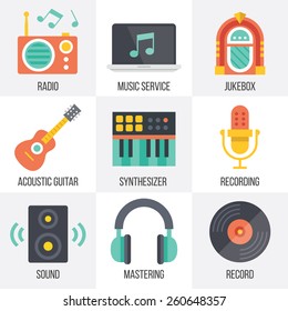 Vector Music Icons Set. Flat Design. Isolated On White Background. Set 11.