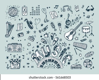 Vector Music icons set. Hand drawn doodle Musical Instruments, Retro musical equipment. Word Music..