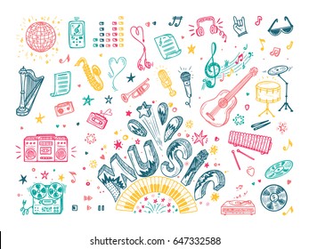 Vector Music icons set. Hand drawn doodle Musical Instruments, Retro musical equipment. Word Music