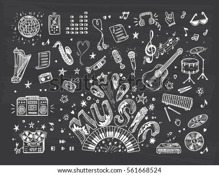 Vector Music icons set. Hand drawn doodle Musical Instruments, Retro musical equipment. Word Music.