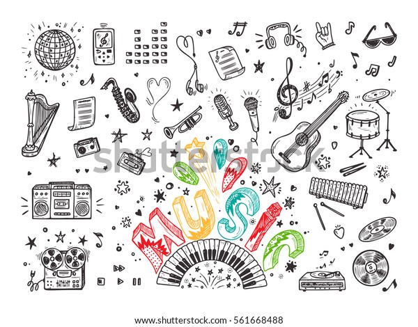Vector Music icons set.\
Hand drawn doodle Musical Instruments, Retro musical equipment.\
Word Music. 