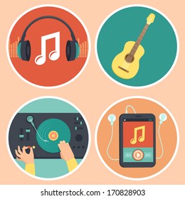 Vector music icons and signs in flat style - headphones, guitar, turntable and mp3 player