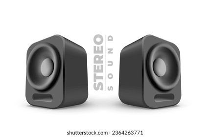 Ilustración de música vectorial de los altavoces de color negro con sombra y texto sobre fondo blanco. Diseño 3d estilo altavoces de música con sonido estéreo de palabra para banner, web, sitio, afiche