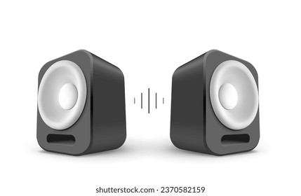 Vector music illustration of black color speakers with shadow and sound sign on white background. 3d style design of music speakers for banner, web, site, poster