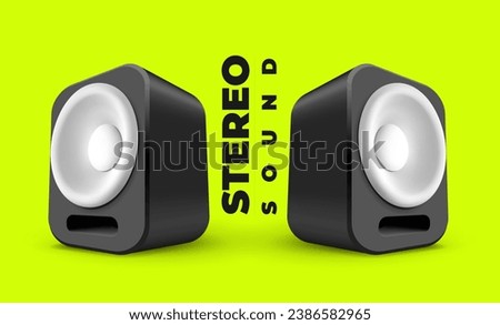 Vector music illustration of black and white color speakers with shadow and text on green background. 3d style design of music speakers with word stereo sound for banner, web, site, poster