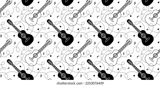 Vector music illustration with classic guitar on white color background. Flat line art design of seamless pattern with classic guitar and wire for web, site, banner, print