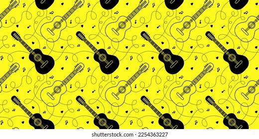 Vector music illustration with classic guitar on yellow color background. Flat line art design of seamless pattern with classic guitar and wire for web, site, banner, print
