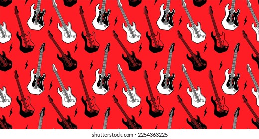 Vector music illustration with electric guitar on red color background. Flat line art design of seamless pattern with electric guitar and flash for web, site, banner, print