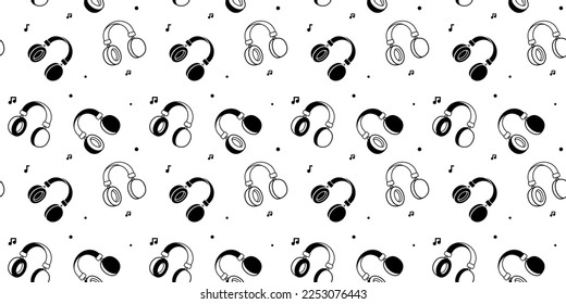 Vector music illustration with headphone on white color background. Flat line art design of seamless pattern with headphone and note for web, site, banner, print