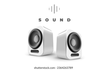 Ilustración de música vectorial de altavoces de color blanco y negro con sombra sobre fondo blanco. Diseño de 3d estilo altavoces de música con sonido de palabra para banner, web, sitio, afiche