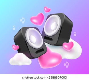 Vector music illustration of white and black color music speakers with cloud and heart on color background. 3d style design of speakers, love to music concept for banner, web, site, poster