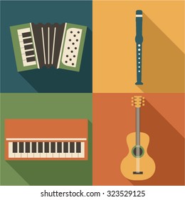 Vector music instruments icon set old retro flat