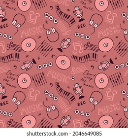 Vector music instruments pattern with cd ROM, headphones, piano and microphone