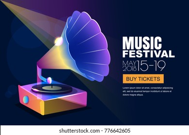 Vector music jazz festival, glowing neon poster or banner background. Colorful 3d style musical vinyl gramophone. Retro concert tickets sale and entertainment concept.