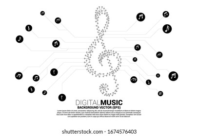 Vector music key note from dot connect line circuit board style. Concept background for song and concert theme.