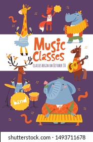 Vector music lessons or classes  poster or flyer design with cute cartoon animals playing music instruments Template for jazz concert, festival or music event in modern flat style.