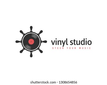 Vector music logo concept. Ship steering wheel with vinyl disc isolated. Summer Dj s festival logotype