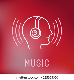 Vector music logo in outline style - head with headphones 