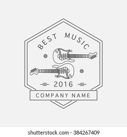 Vector music logo and sign with electric guitar. Recording studio and radio badges. Vintage emblem with sample text.
