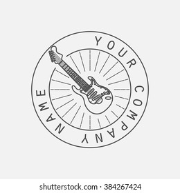 Vector music logo and sign with electric guitar. Recording studio and radio badges. Vintage emblem with sample text.