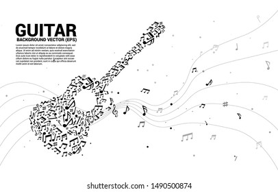 Vector music melody  note dancing flow  shape guitar icon . Concept background for song and guitar concert theme.