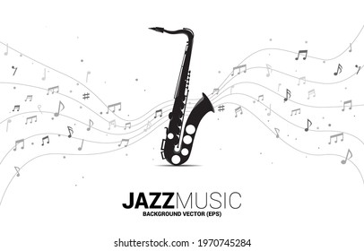 Vector music melody note dancing flow from saxophone . Concept background for jazz song and concert theme.