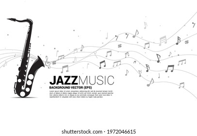 Vector music melody note dancing flow from saxophone . Concept background for jazz song and concert theme.