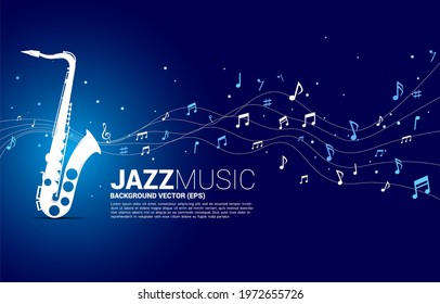 Vector music melody note dancing flow from saxophone . Concept background for jazz song and concert theme.