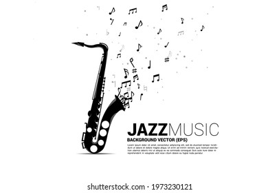 Vector music melody note dancing flow from saxophone . Concept background for jazz song and concert theme.