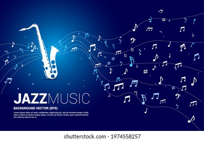 Vector music melody note dancing flow from saxophone . Concept background for jazz song and concert theme.