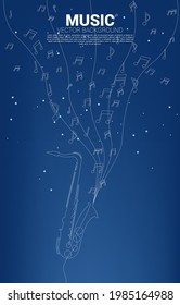 Vector music melody note dancing flow with one line saxophone . Concept background for jazz song and concert theme.