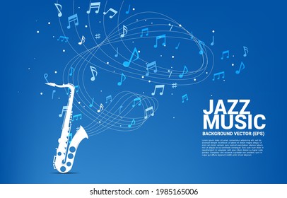 Vector music melody note flow with saxophone. Concept background for jazz song and concert theme.