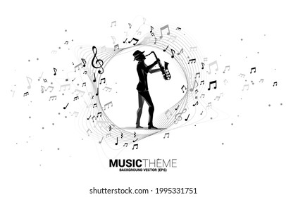 Vector music melody note flow with  man and saxophone. Concept background for jazz song and concert theme.