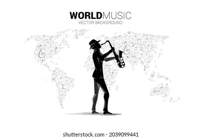 La melodía de la música vectorial fluye con el hombre y el saxofón con el mapa del mundo de la nota musical. Antecedentes conceptuales de música jazz y tema de conciertos.