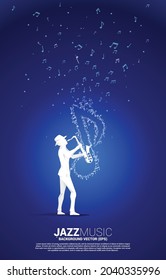 La melodía de la música vectorial fluye con el hombre y el saxofón. Antecedentes conceptuales de música jazz y tema de conciertos.