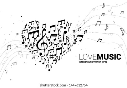 Vector music melody note shaped heart form . Concept background for song and love music concert theme.