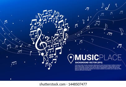 Vector Music Melody Note Shaped Pin Icon. Concept Background For Music Festival And Concert Venue.