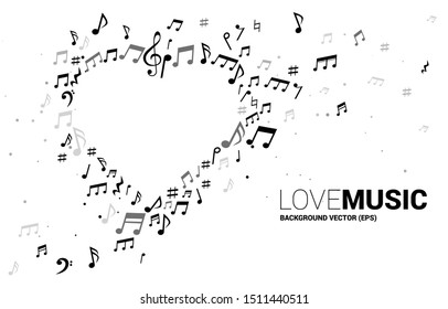 Vector music melody note shaped heart form . Concept background for song and love music concert theme.