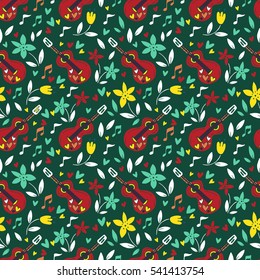 Vector music in nature seamless pattern with flower, plant, notes, guitar. texture for wallpapers, pattern fills, web page. Surface design for baby pajamas or clothes