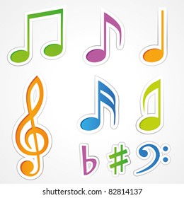 Vector music note icon on sticker set.