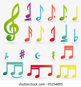 Vector music note icon on sticker set.