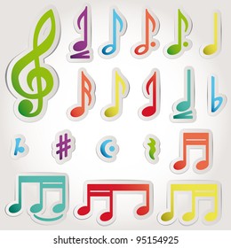 Vector music note icon on sticker set.