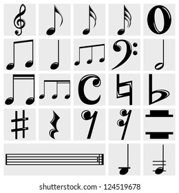 Vector music note  icons set on gray