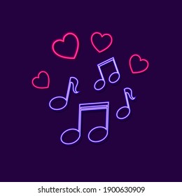 
Vector Music Notes ans Hearts Neon Sign Glowing on the Dark Background, Colorful Illustration, Night Signage, Neon Lights, Billboard Template.