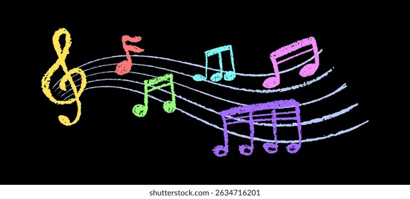 Vector of music notes in charcoal scribble texture. Handwritten pop style on black background with vibrant colors. Cute childish music school rainbow pastel or wax pencil signs