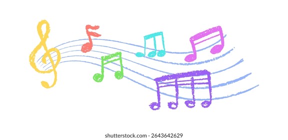 Vector of music notes in charcoal scribble texture. Handwritten pop style on white background with vibrant colors. Cute childish music kindergarden or school rainbow pastel or wax pencil signs