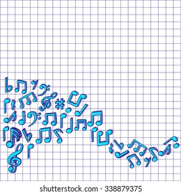 Vector music notes. Doodle style graphic on checked paper
