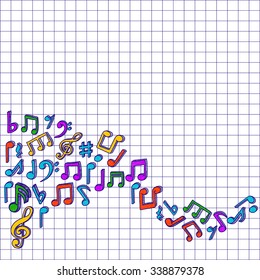 Vector music notes. Doodle style graphic on checked paper