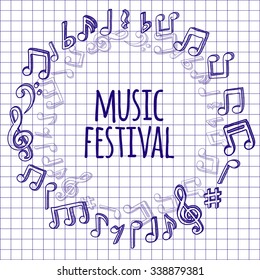 Vector music notes. Doodle style graphic on checked paper